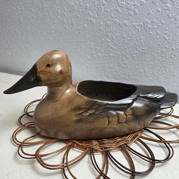Vintage Ceramic Duck Planter Brown Black Speckled Glaze Rustic Cabin Decor - Picture 5 of 13